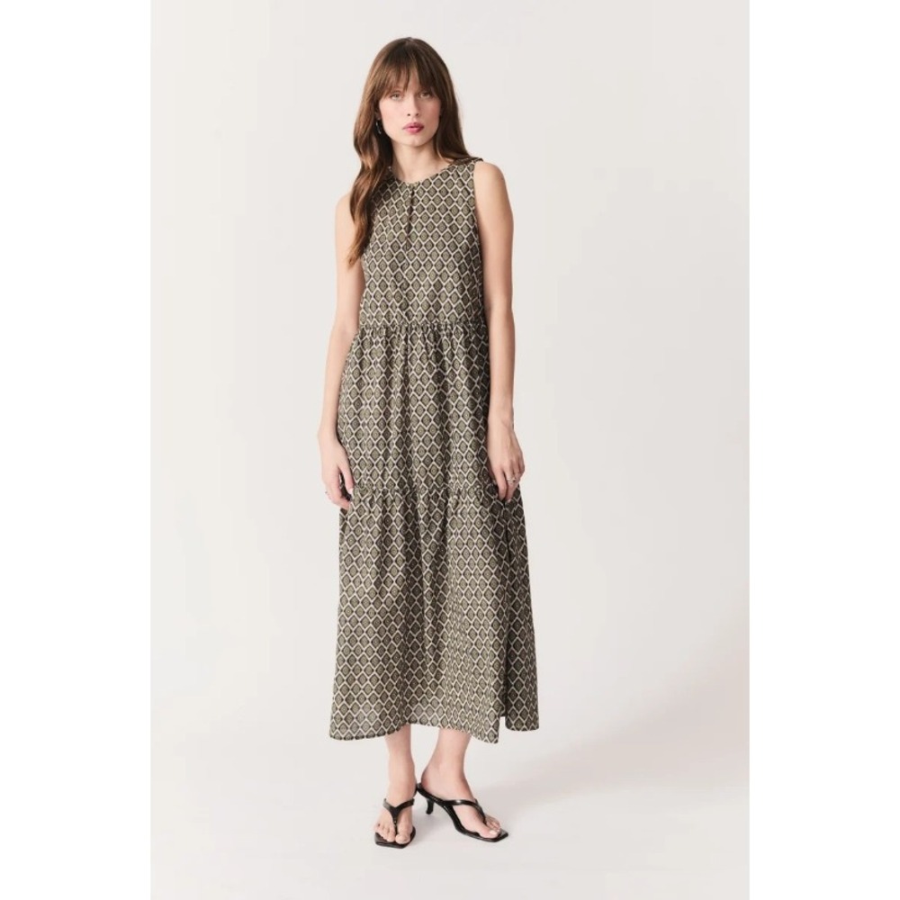 DELUC Olive Green Geometric Diamond Print Tiered Loreto Midi Dress Sleeveless S